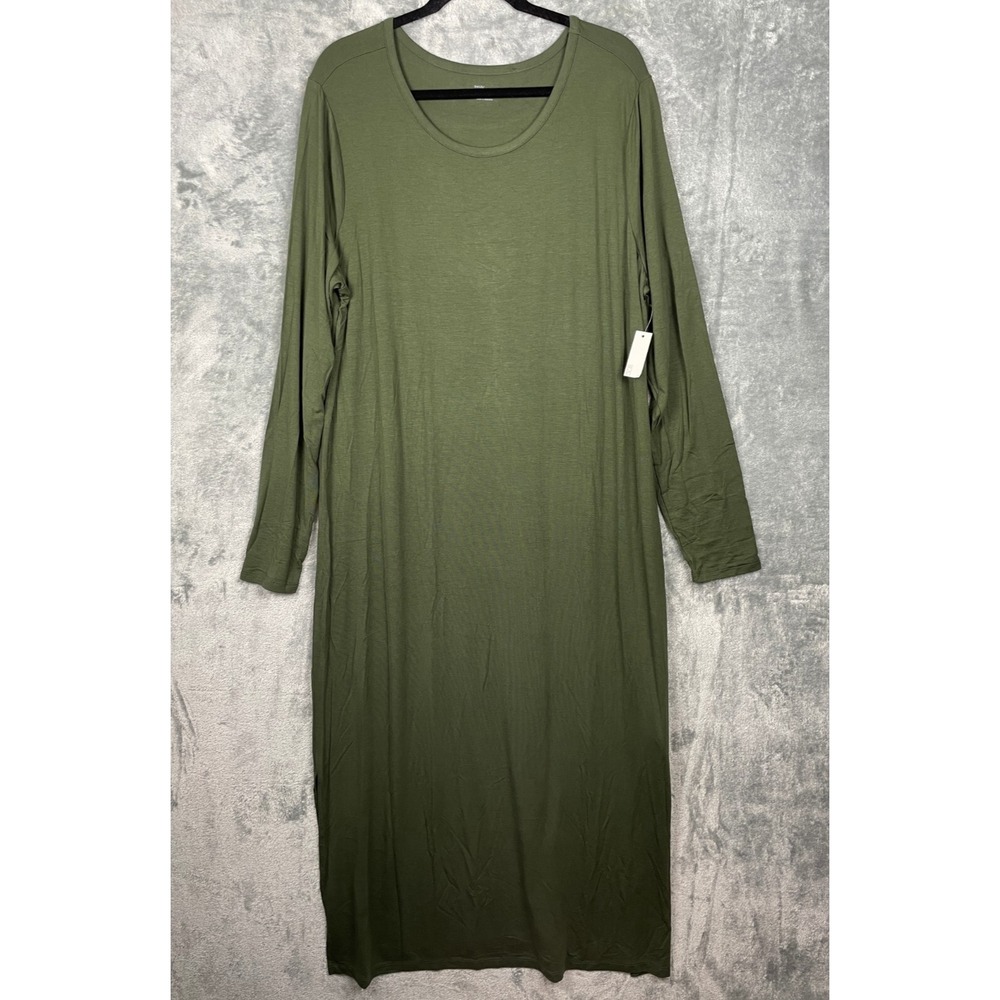 Daily Ritual Maxi Dress Womens 2XL Green Long Sleeve Side Slits Stretch XXL NEW
